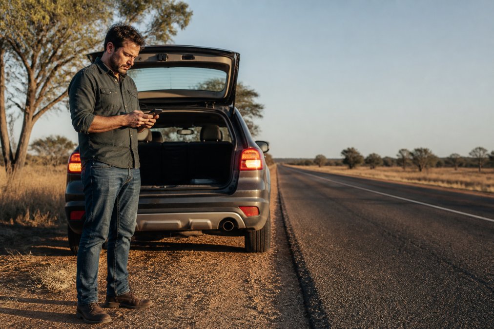 Driver safely pulled over on the roadside with hazard lights activated, checking their mobile phone to call for assistance, rural Mildura landscape visible in the background with open fields and sparse trees under clear sky