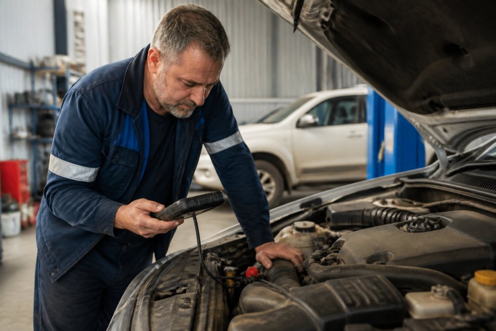Professional mechanic in work uniform inspecting a vehicle engine with diagnostic tools visible, demonstrating expert vehicle diagnostics in a well-equipped workshop setting with proper lighting