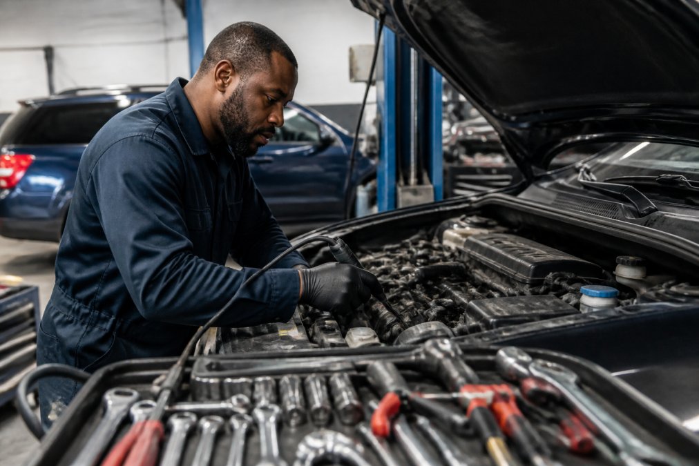 Certified automotive technician in work uniform performing engine diagnostics on a vehicle with specialized diagnostic tools visible on the workbench, professional shop lighting