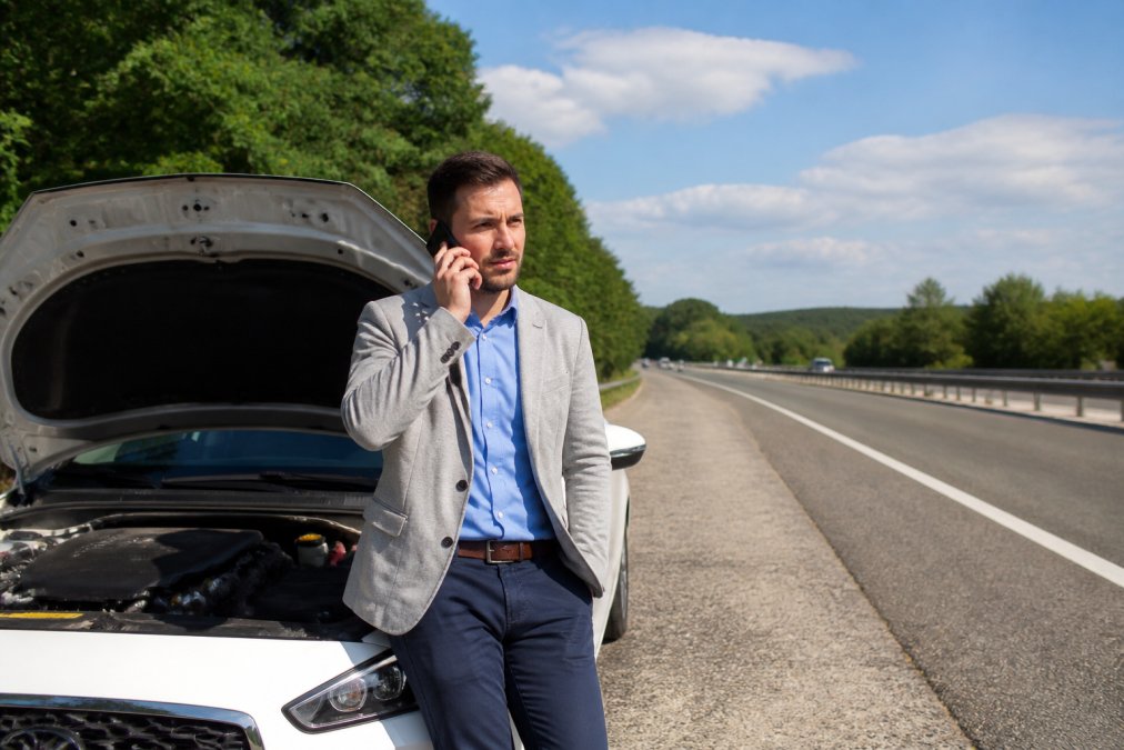 Driver safely pulled over on the highway shoulder standing by their vehicle making a phone call for roadside assistance, natural daylight, clear weather