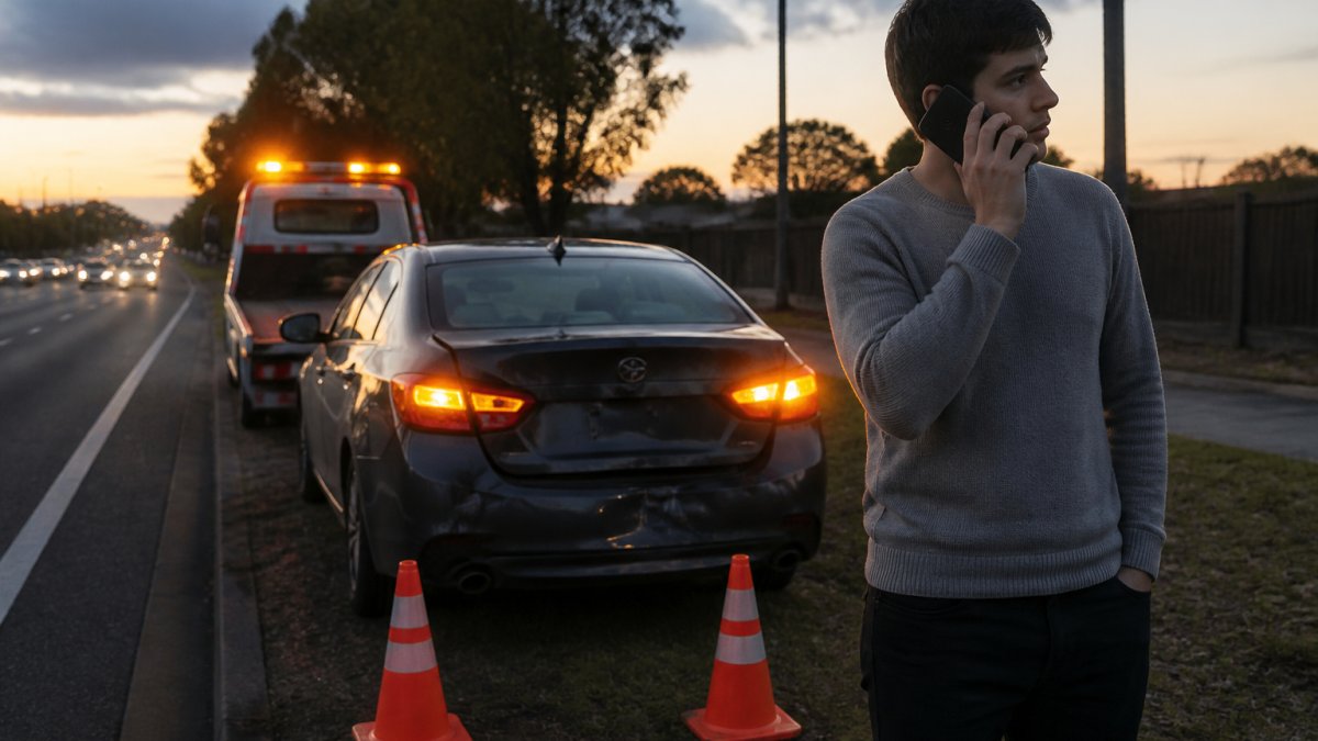 Driver calling for emergency car towing while standing safely by a damaged vehicle on a Geelong roadside at dusk.