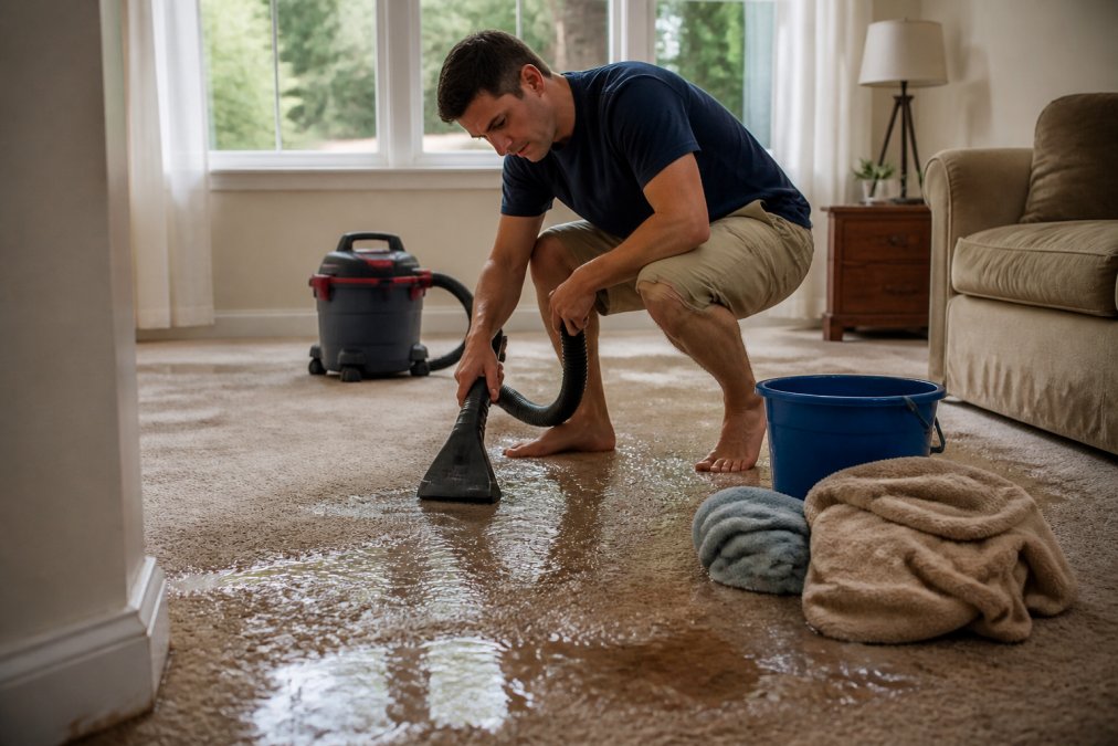 Homeowner in casual clothes using a wet/dry vacuum on a soaked living room carpet, water visible on the surface, towels and a bucket nearby, natural daylight through windows