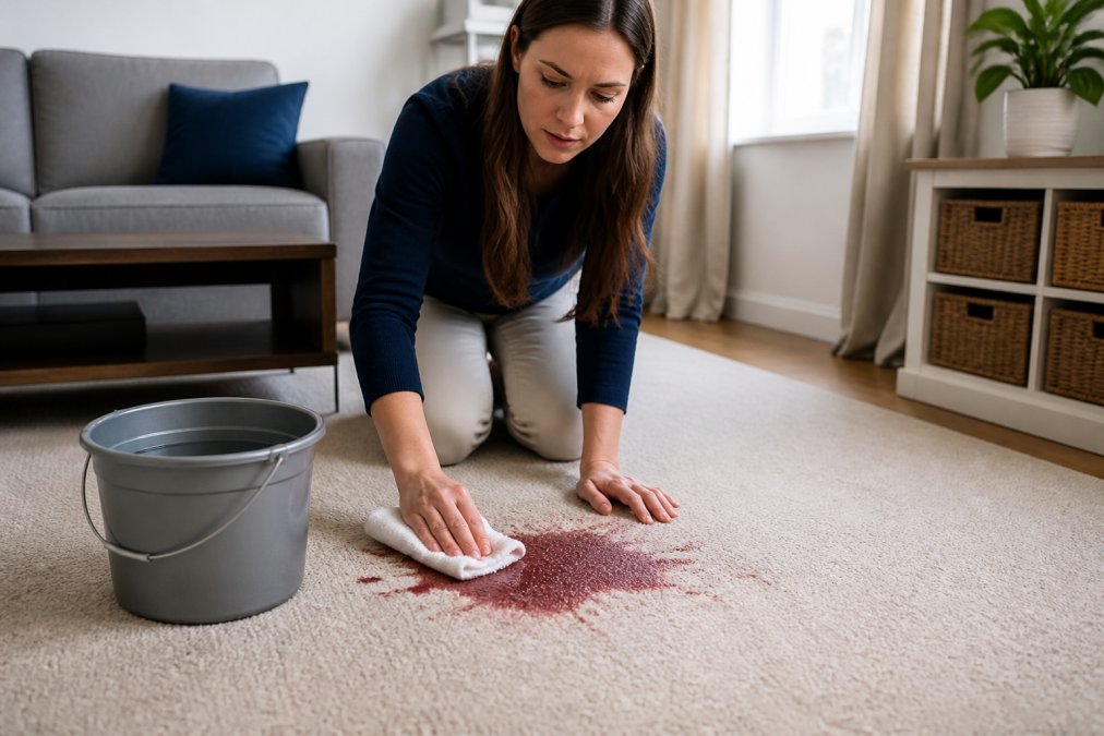 Homeowner blotting a red wine spill on a beige carpet as an emergency carpet cleaning measure