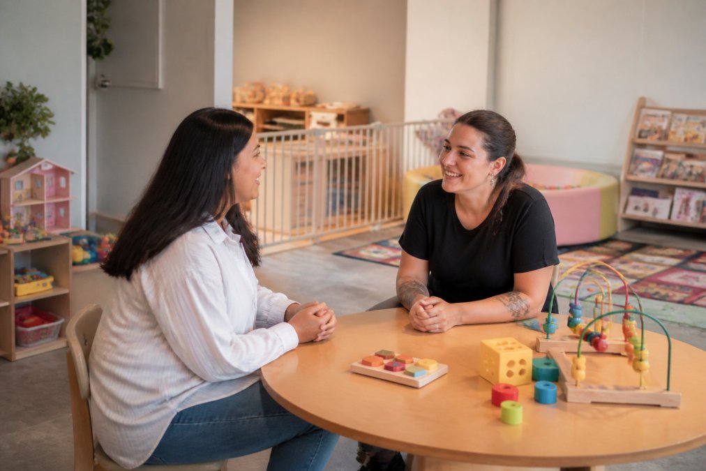 Parent speaking with childcare provider in a bright, welcoming play space with age-appropriate toys, safety gates, and colorful learning stations visible in the background