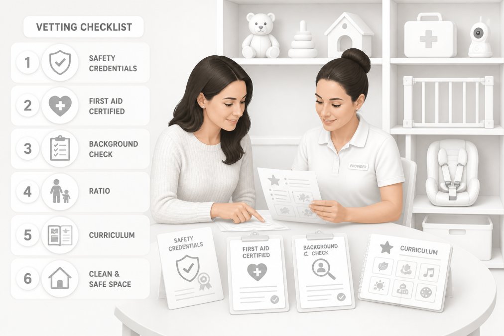 Parent and childcare provider reviewing safety documents and curriculum materials together at a table, with age-appropriate toys and safety equipment visible on shelves behind them