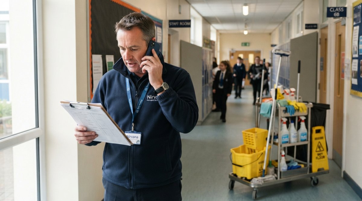 Professional facilities manager checking clipboard whilst speaking on mobile phone in school corridor with cleaning supplies visible on trolley in background, morning natural light through windows