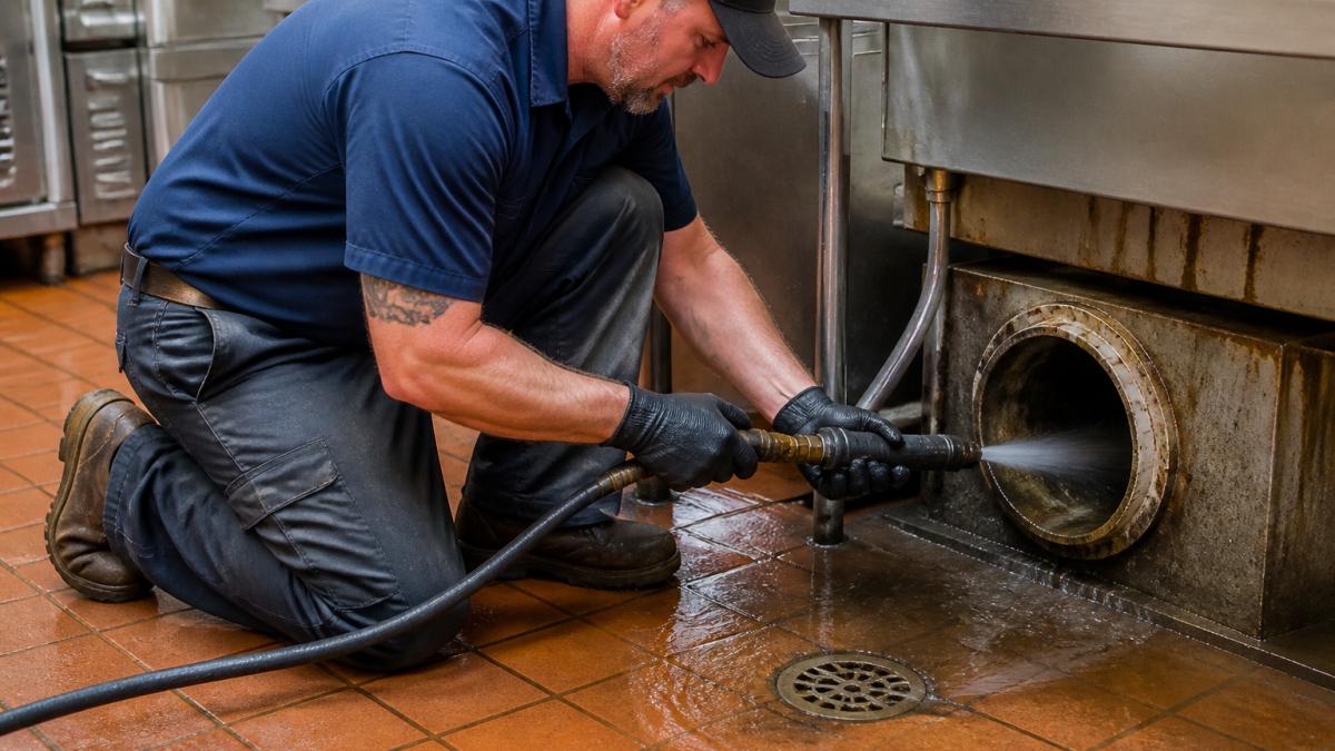 Professional plumber operating high-pressure hydro jetting equipment on a commercial drain line, directing the pressurized nozzle into a large industrial pipe in a restaurant kitchen area with stainless steel surfaces