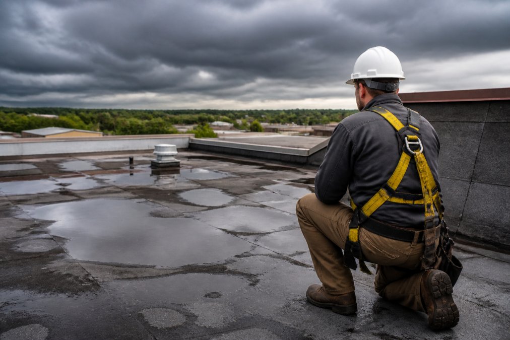 Infographic flowchart outlining steps for emergency commercial roof repair during storm damage and flooding.