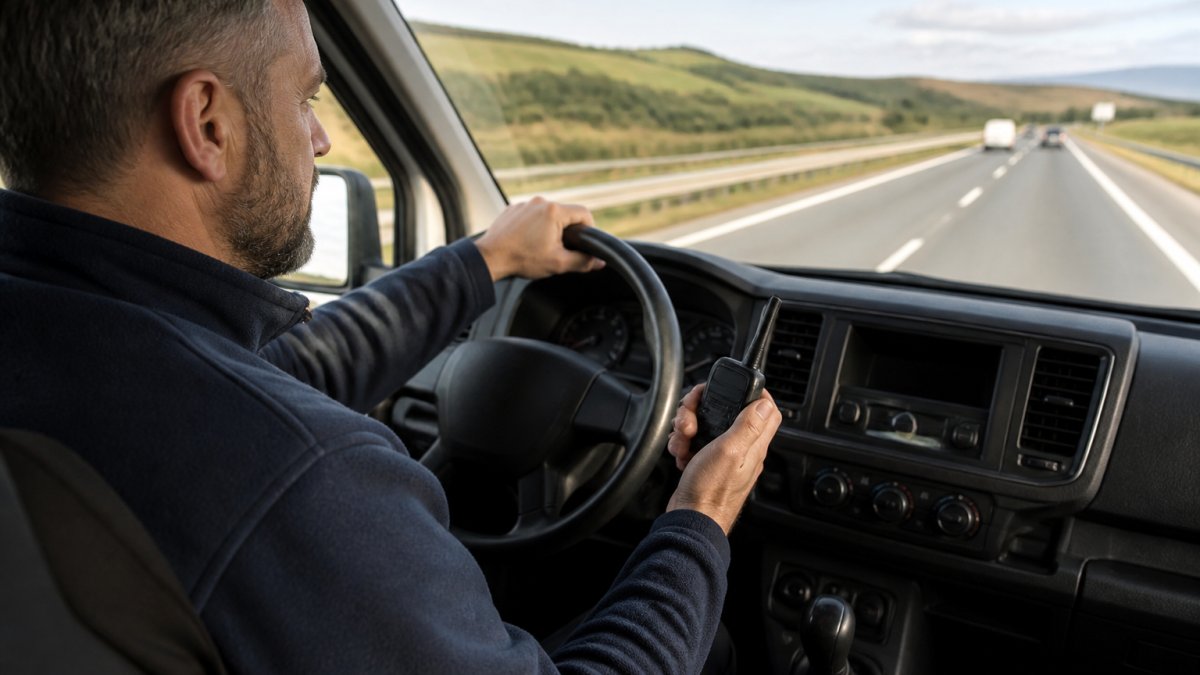 Emergency Communication Devices for Long-Distance Road Trips Driver using one of the emergency communication devices while steering on a highway