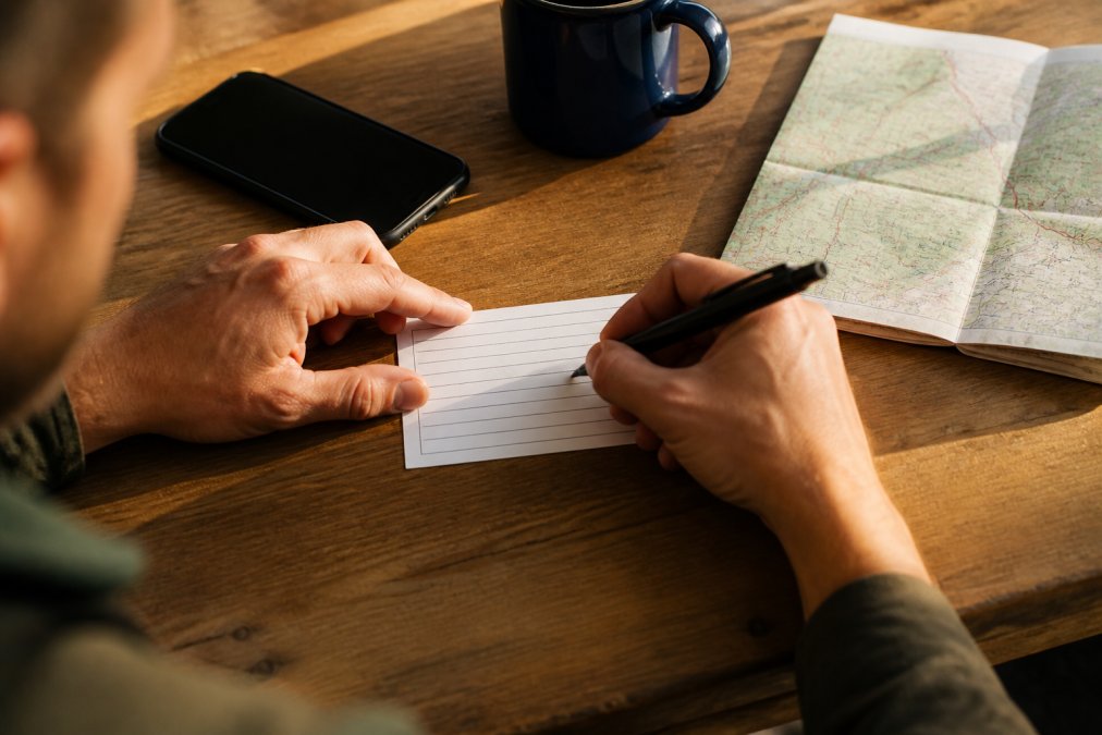 Close-up of hands filling out a small emergency contact card on a kitchen table, pen, smartphone, and folded paper map nearby, warm afternoon light through a window
