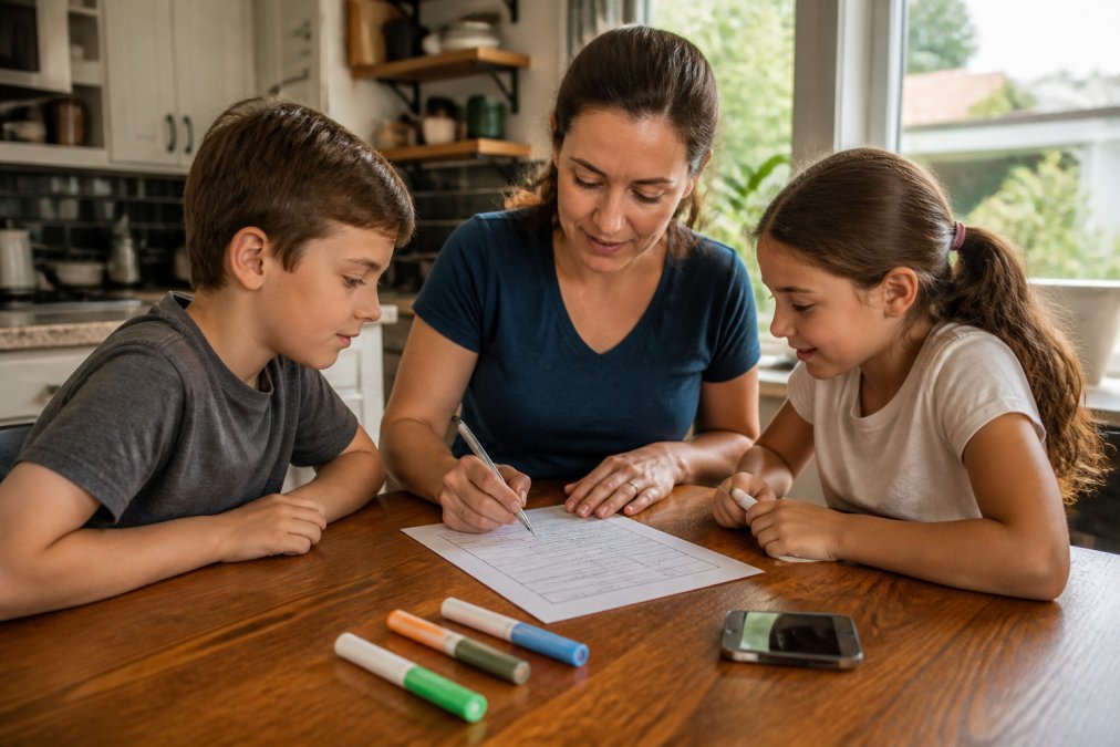 A parent and two children sitting at a kitchen table filling out a printed emergency contact card together, markers and a smartphone visible on the table, warm afternoon light through the window
