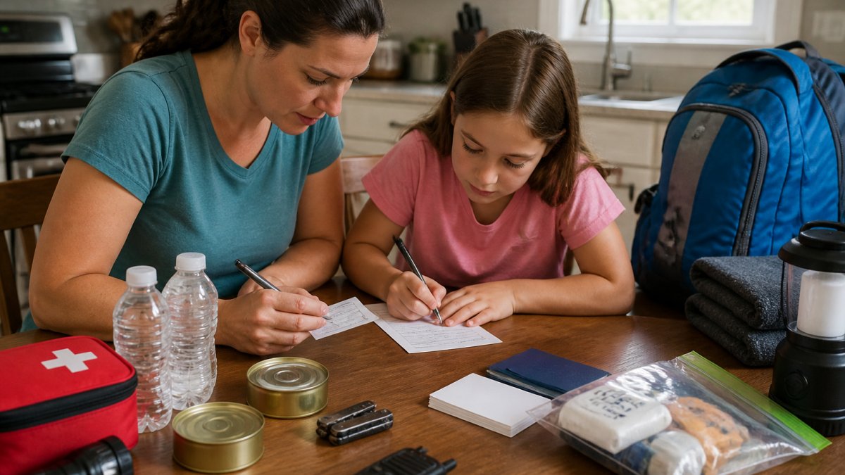 Parent and child filling out a paper emergency contact card at a table with school supplies and a backpack