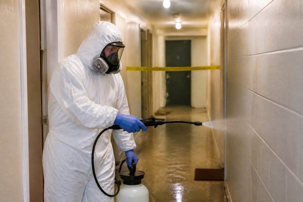 A professional technician in full white PPE suit, respirator, and gloves using specialist spray cleaning equipment inside a social housing corridor, with yellow hazard tape stretched across a doorway in the background under fluorescent corridor lighting
