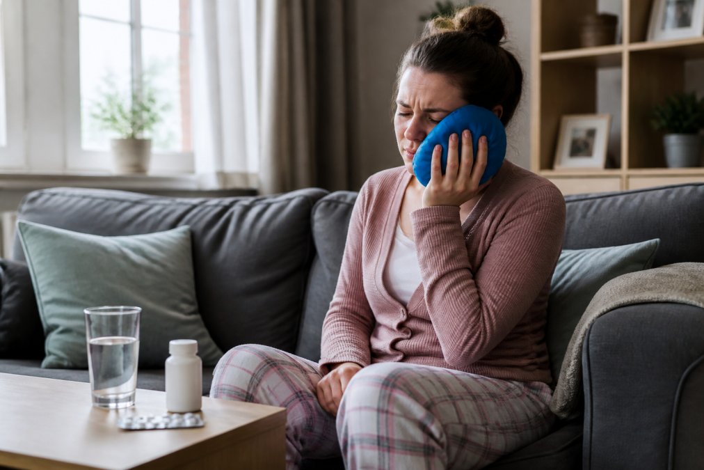Person applying ice pack to their cheek, sitting comfortably at home with a glass of water and over-the-counter pain relief medication on a nearby table