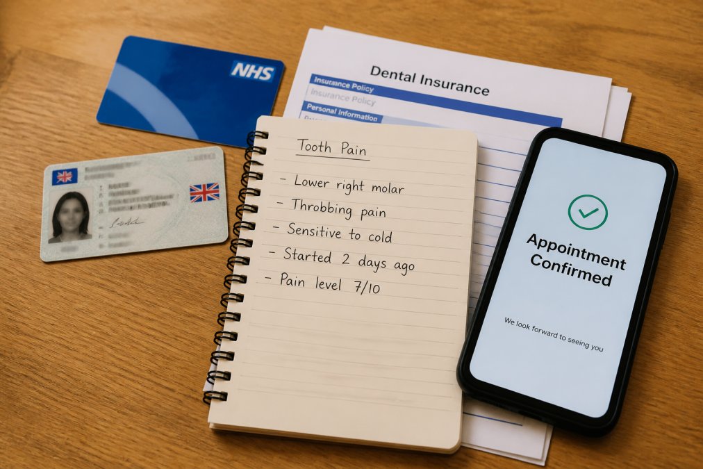 Flat lay of items arranged on a surface: NHS card, photo ID, insurance documents, notepad with symptom notes, and a phone showing appointment confirmation