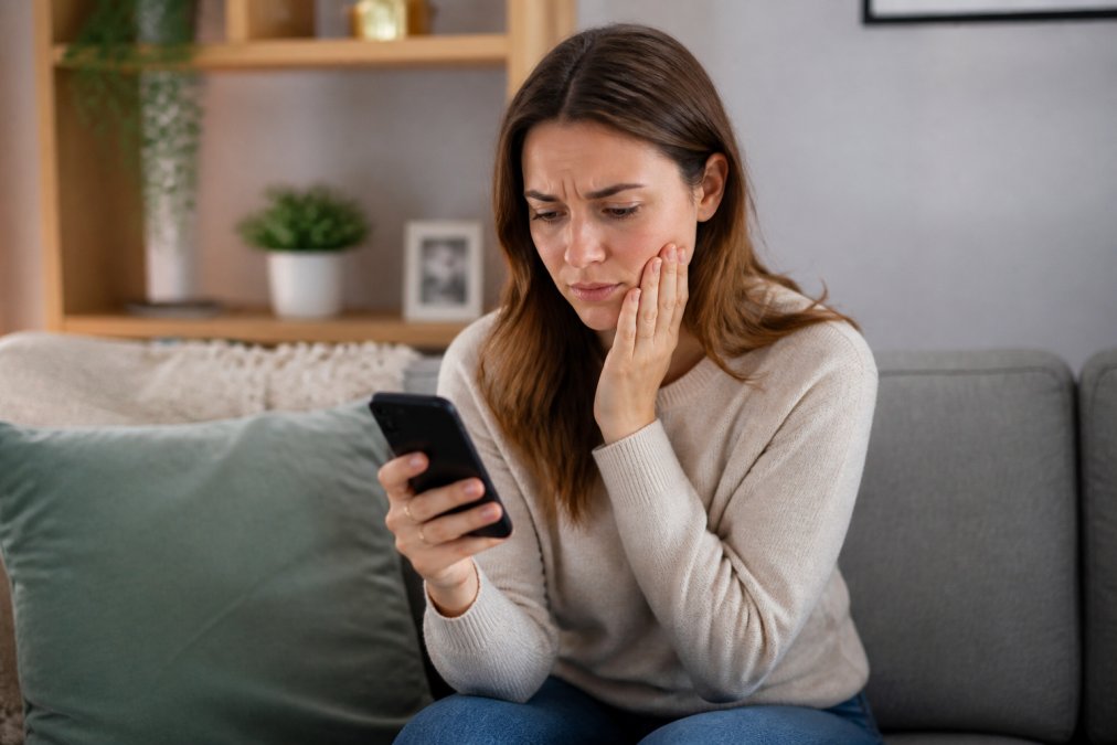Anxious person holding their cheek while searching for emergency dental appointments on a phone in a living room