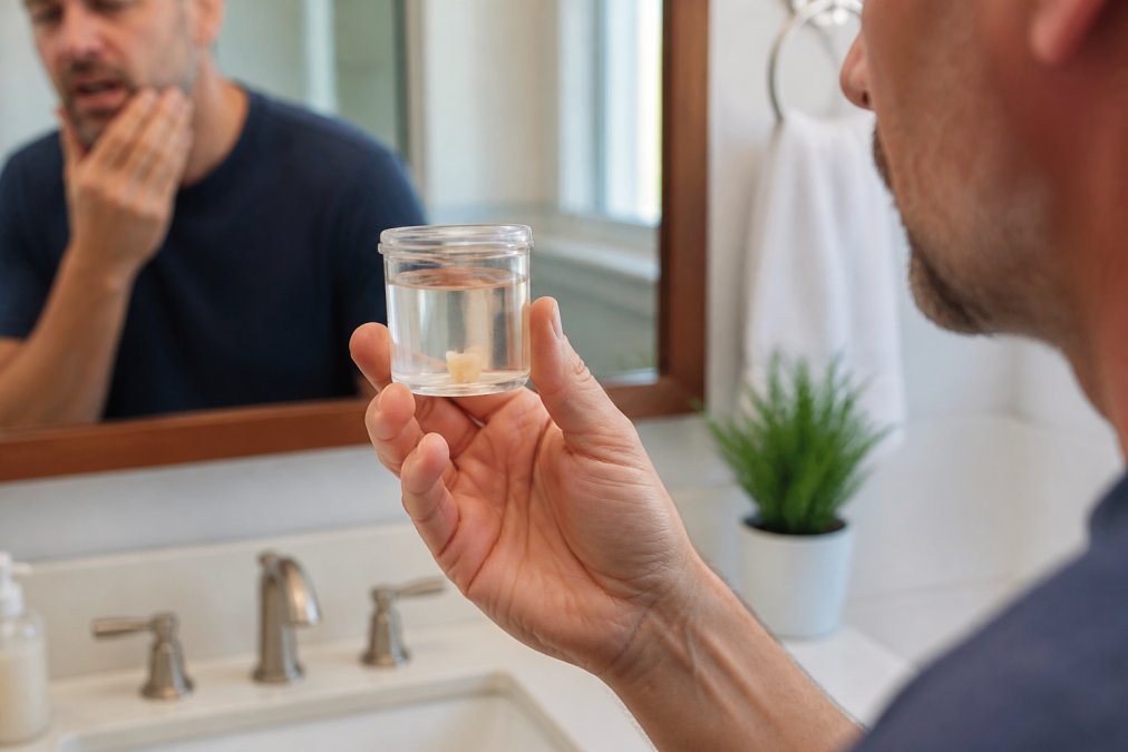 A close-up of a person's hand gently holding a clean glass container with a small tooth fragment in saline solution, set against a bright bathroom counter with a mirror softly blurred in the background