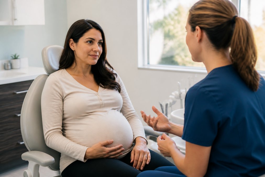 Pregnant woman speaking with a dental professional in a calm, modern dental office setting with soft lighting and comfortable seating