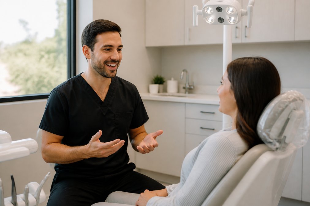 A calm, modern dental office interior with a friendly dentist in scrubs speaking with a patient in the treatment chair, soft natural lighting