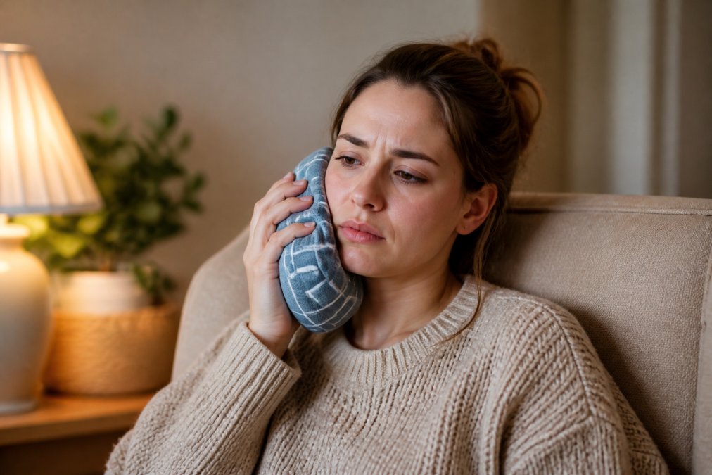 Person holding an ice pack wrapped in a soft cloth against their cheek, sitting in a comfortable chair in warm home lighting, with a calm expression