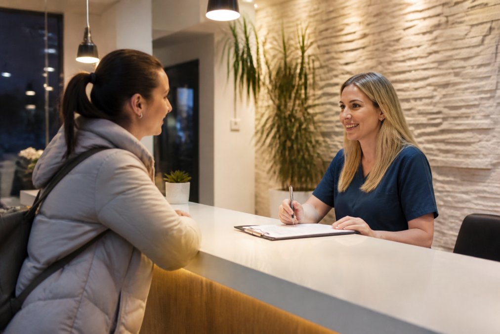 Patient speaking with a receptionist at a modern dental practice front desk during evening hours, with warm lighting and a welcoming atmosphere, the receptionist smiling while checking appointment availability