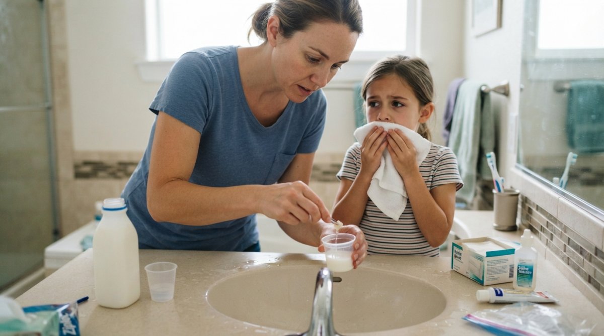 A parent in a home bathroom gently rinsing a child's knocked-out tooth under cool running water while the child holds a clean cloth to their mouth, first-aid supplies visible on the counter