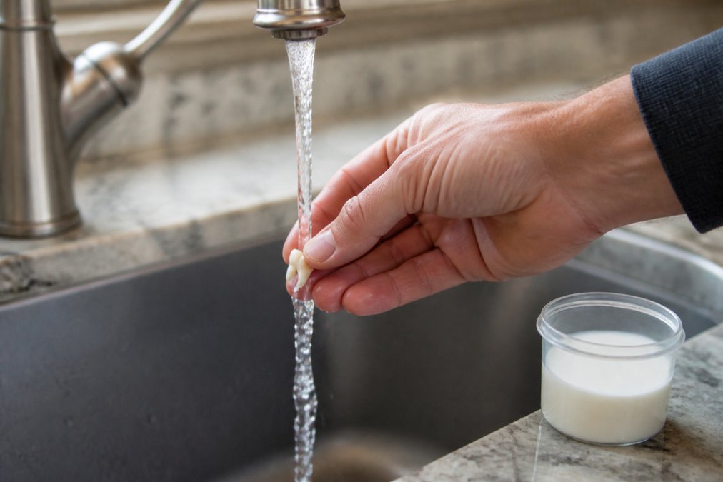 A person carefully holding a knocked-out tooth by the crown while rinsing it under a kitchen faucet, with a small container of milk visible on the counter nearby