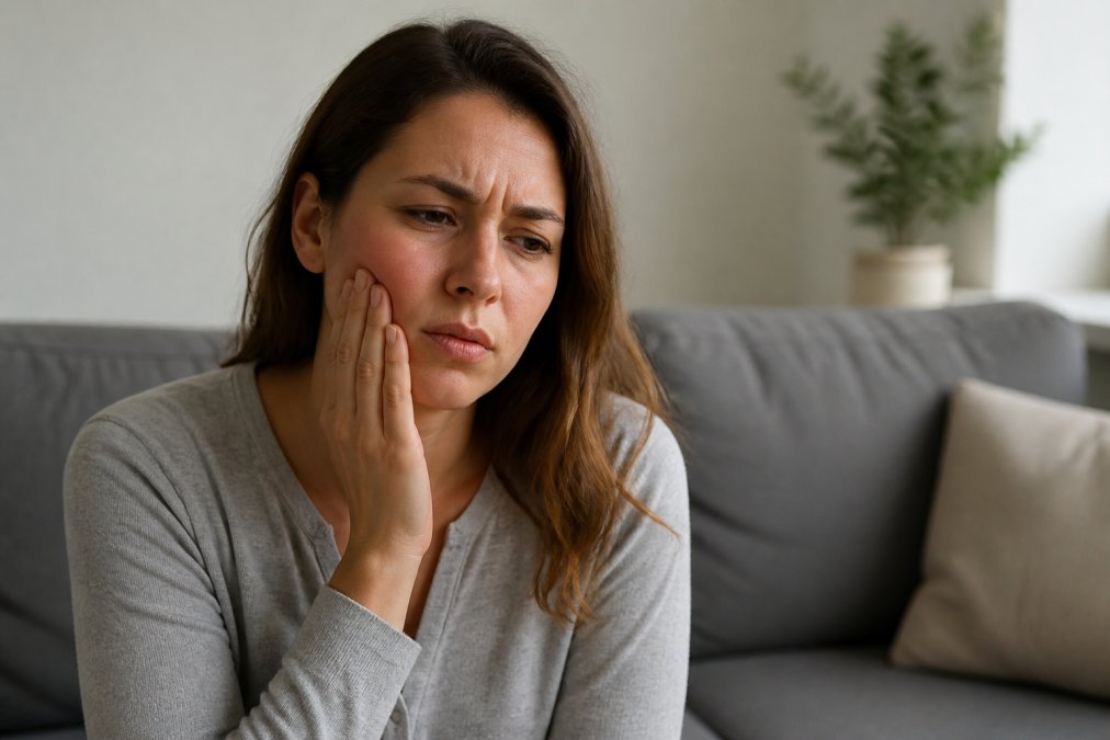Person holding their jaw with visible facial swelling and discomfort, sitting at home with a concerned expression in natural lighting