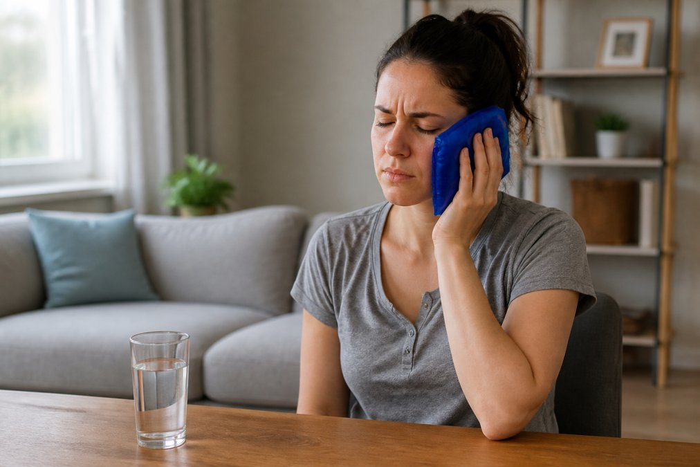 Person applying a cold compress to their cheek while sitting calmly at home, with a glass of water on the table nearby and soft indoor lighting