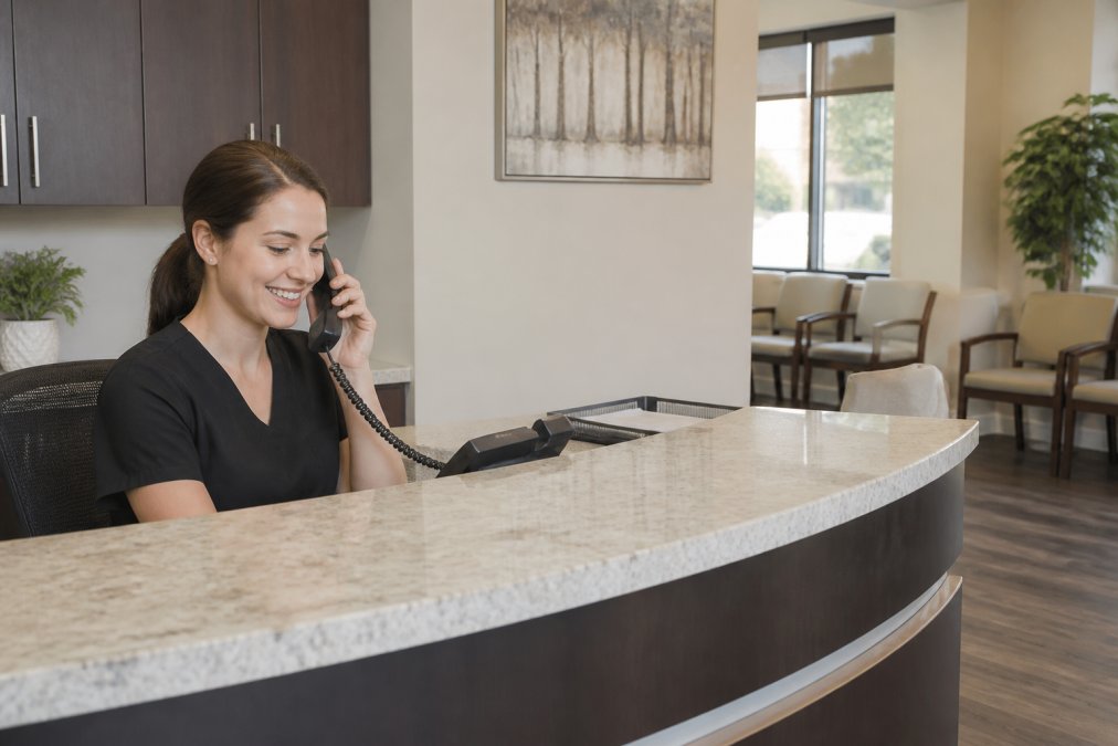 A friendly dental receptionist at a clean front desk answering a phone call, with a welcoming waiting area visible behind her