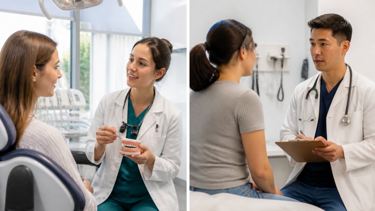 Patient speaking with emergency dentist in bright modern dental office during urgent appointment, both wearing professional attire
