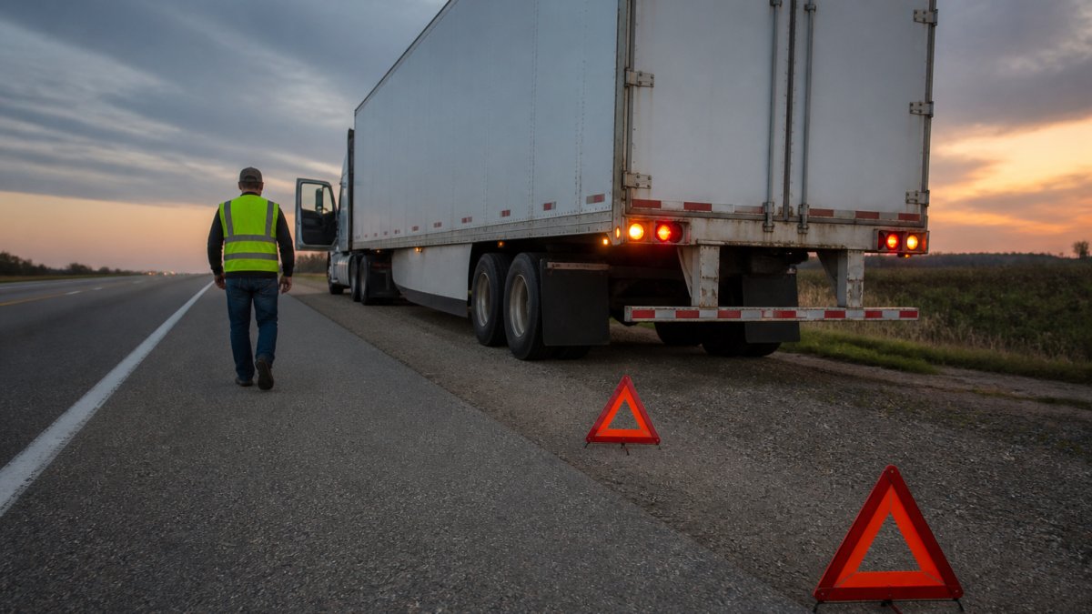 A semi-truck pulled onto the shoulder of a rural interstate highway at dusk, hazard lights on and reflective triangles placed behind the trailer, with a driver in a safety vest walking toward the cab