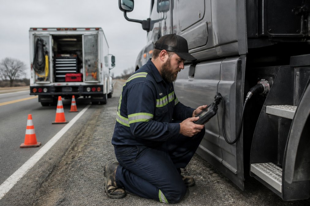 Diesel technician using a diagnostic tablet on a truck to decide between diesel repair vs towing on the highway.