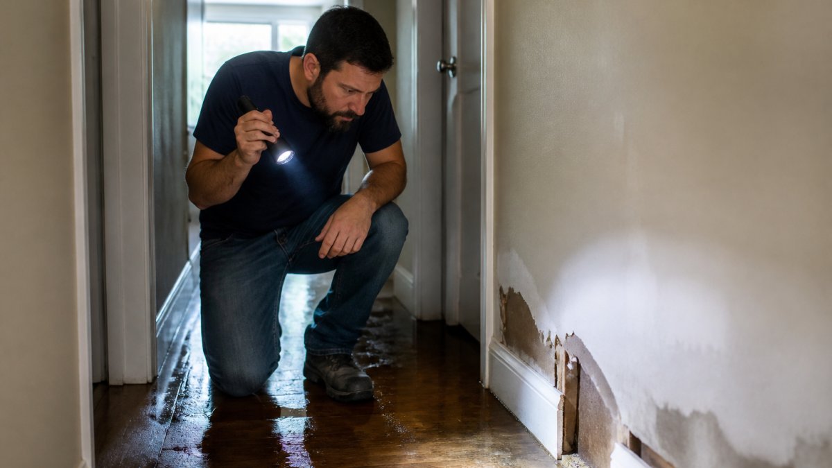 Homeowner using a flashlight to inspect water damage for disaster recovery in a residential hallway.