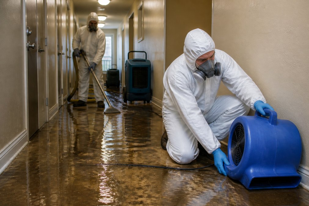 Restoration technicians in protective gear using industrial air movers and dehumidifiers in a flooded apartment hallway, with water extraction equipment visible