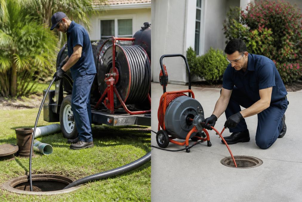 A uniformed plumber operating a hydro jetting machine to clear a main sewer line at a residential property, coiled high-pressure hose and equipment visible, daylight scene
