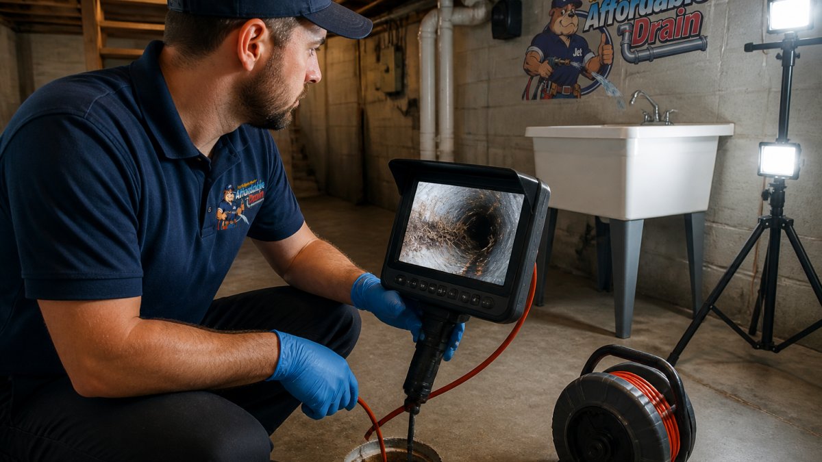 Professional plumber holding a portable monitor displaying the interior of a residential drain pipe with visible tree root intrusion and mineral buildup, working in a basement with bright LED work lights