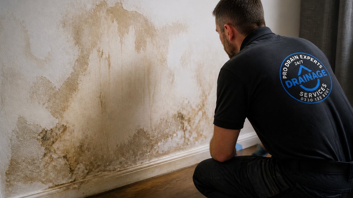 Close-up of water staining and damp patches spreading across an interior wall surface, showing visible discoloration and moisture damage from a hidden pipe leak