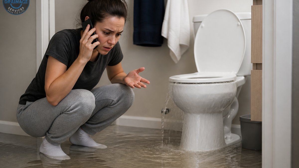 Homeowner examining a flooded bathroom floor near an overflowing toilet, with a concerned expression and phone in hand ready to call for help