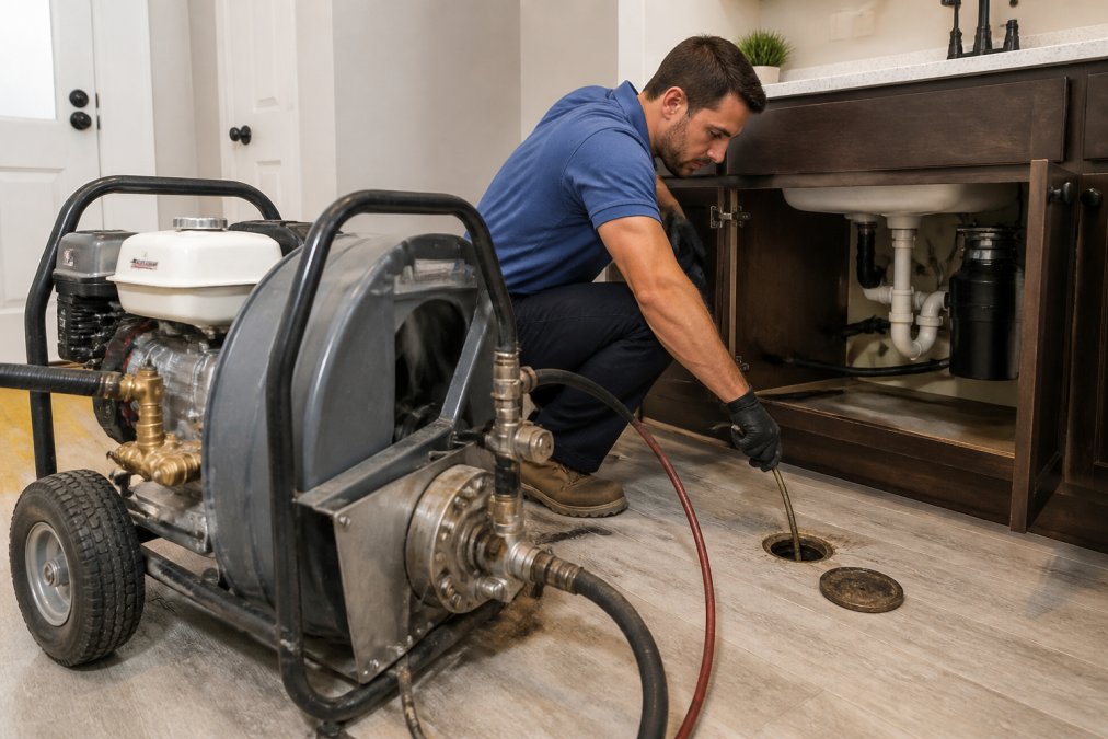 Licensed plumber operating professional hydro jetting equipment on a residential drain line, with focused concentration on the work and modern plumbing equipment visible in a home environment