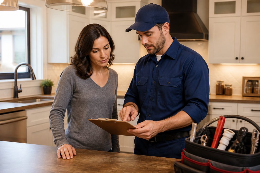A homeowner and a licensed plumber reviewing a written estimate on a clipboard in a bright kitchen, both looking at the document with serious expressions, tools visible in the background