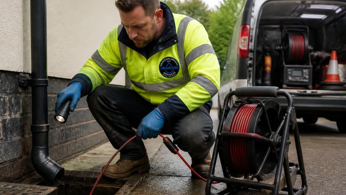 Professional drainage engineer in high-visibility uniform inspecting a blocked drain pipe with diagnostic equipment and torch, showing the practical assessment of blockage severity on-site
