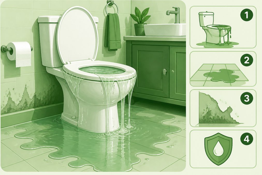 Close-up of an overflowing toilet with water pooling across a bathroom floor, showing visible water damage and wet tiles, captured under bright bathroom lighting
