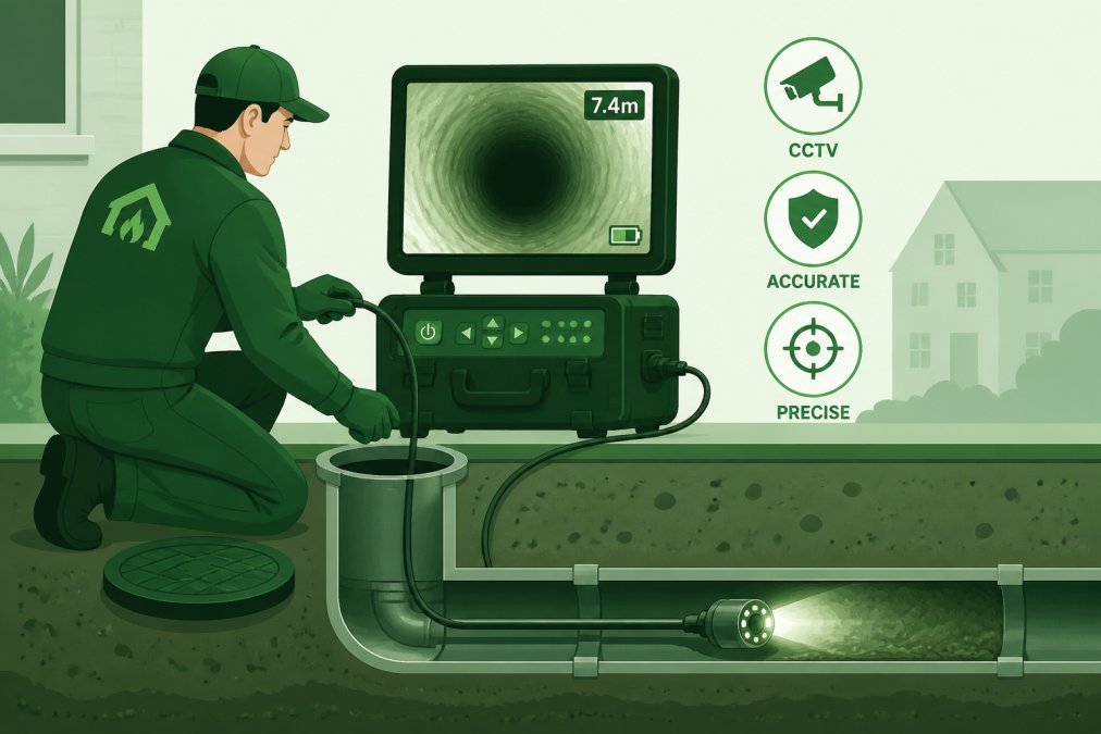 Professional plumber using CCTV drain survey equipment to inspect underground pipes, with a monitor displaying the camera feed showing the interior of a drainage pipe