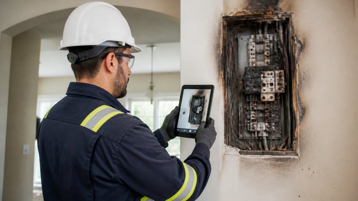 Professional electrician safely assessing electrical damage in a residential home, wearing safety equipment and documenting the damage with a camera on tablet, standing near a damaged electrical panel