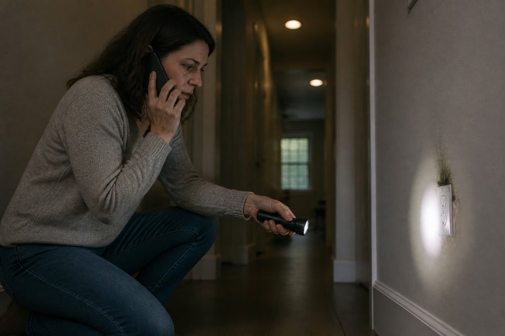 Concerned homeowner using a flashlight and phone to prepare for emergency electrical repair in a dim hallway.