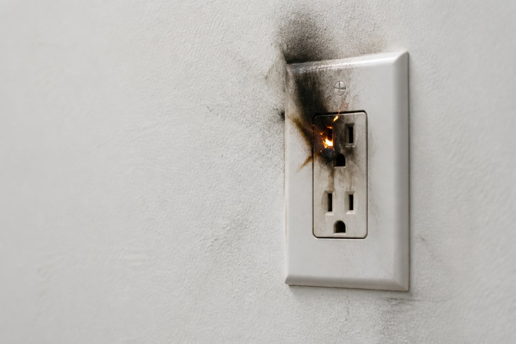 Close-up of a sparking electrical outlet on a white wall, with visible scorch marks and blackened discoloration around the socket face, shot under bright indoor lighting
