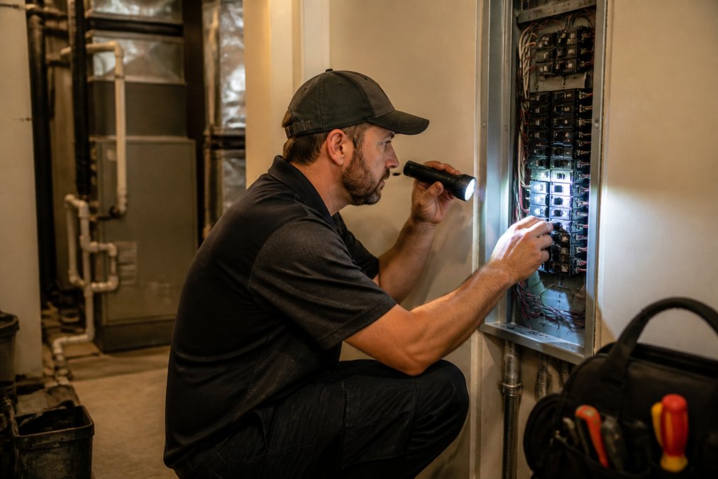 A licensed electrician in a branded uniform inspecting a residential electrical panel with a focused flashlight in a utility room, kneeling beside the open panel box under warm artificial lighting