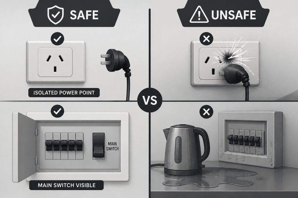 Infographic comparing safe electrical setups and hazards requiring emergency electrical repair