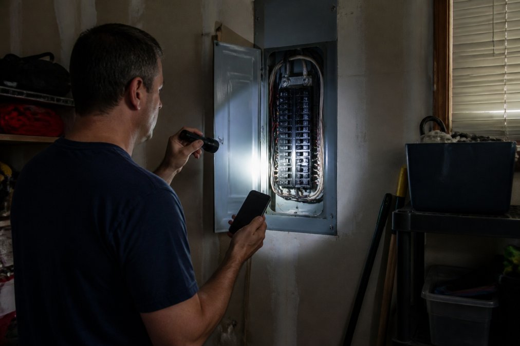 A homeowner in a dimly lit garage pointing a flashlight at a darkened electrical panel, with a phone in the other hand ready to call for help
